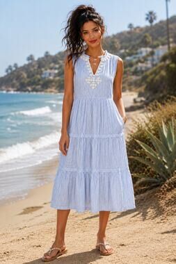Johnny Was Calme Tiered V-Neck Midi Dress NWT Blue Stripe Size Medium
